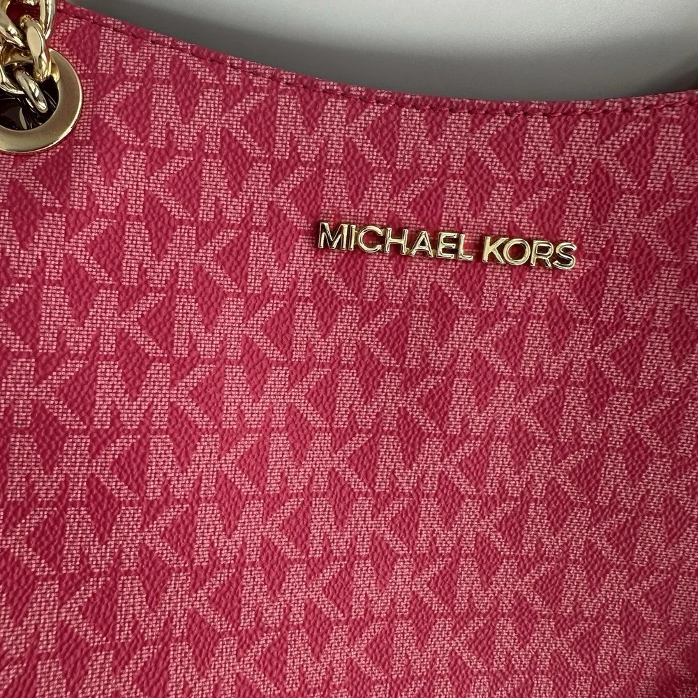 Michael Kors Jet Set Pink East West Medium Top Zip Signature Logo Leather Tote